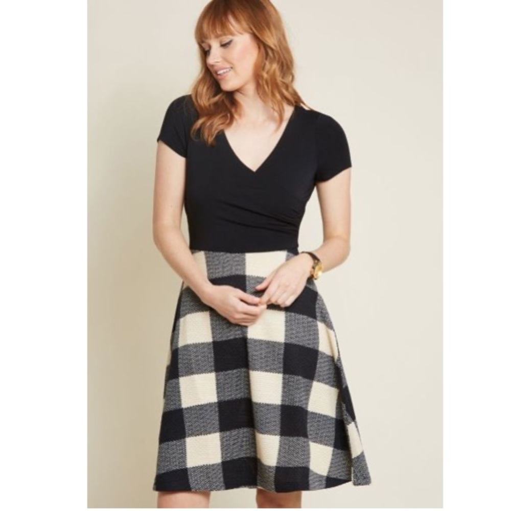 Modcloth Black Top with Cream and Black Buffalo Check Skirt